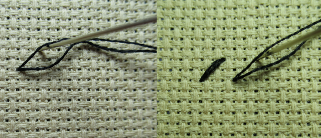 A close up of how to railroad two strand stitches.